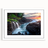 Abstract art print of Kauai landscape in muted green and blue tones, framed in white, suitable for dining room decor.