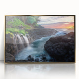 Acrylic print of a Kauai landscape in muted green and blue tones, framed in gold, suitable for modern art wall decor.