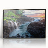 Mid-century modernist acrylic print of Kauai's landscape with silver frame, ideal for nursery wall art.