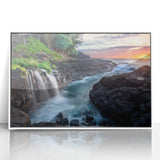 Art deco poster of Kauai landscape in soft pastel colors on a white framed acrylic, suitable for modern nursery decor.