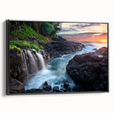 Black and white framed canvas depicting a vintage-style landscape of Kauai, ideal for bedroom wall decor.