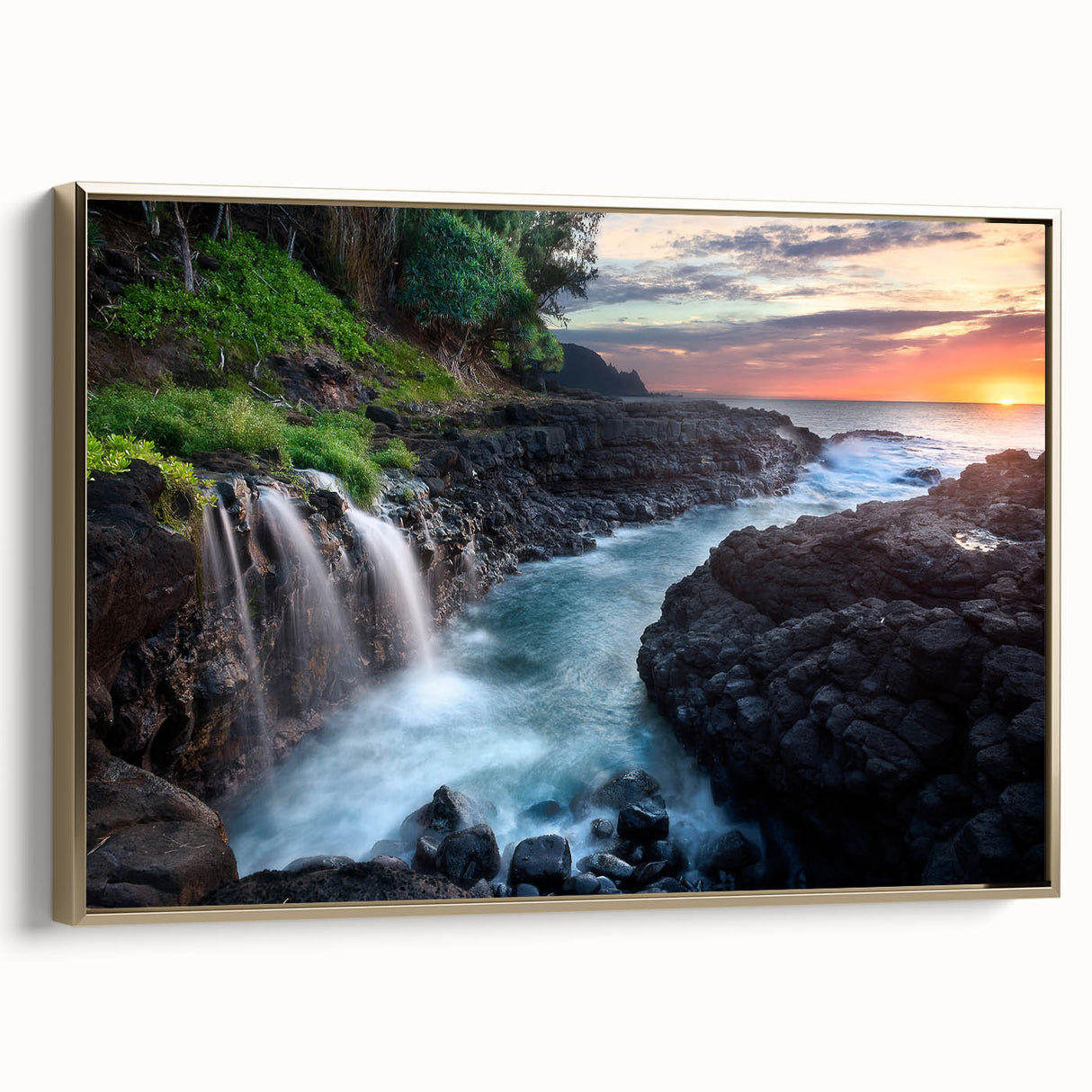 Framed canvas depicting a vintage-style landscape of Kauai, Hawaii, in muted gold and black tones.