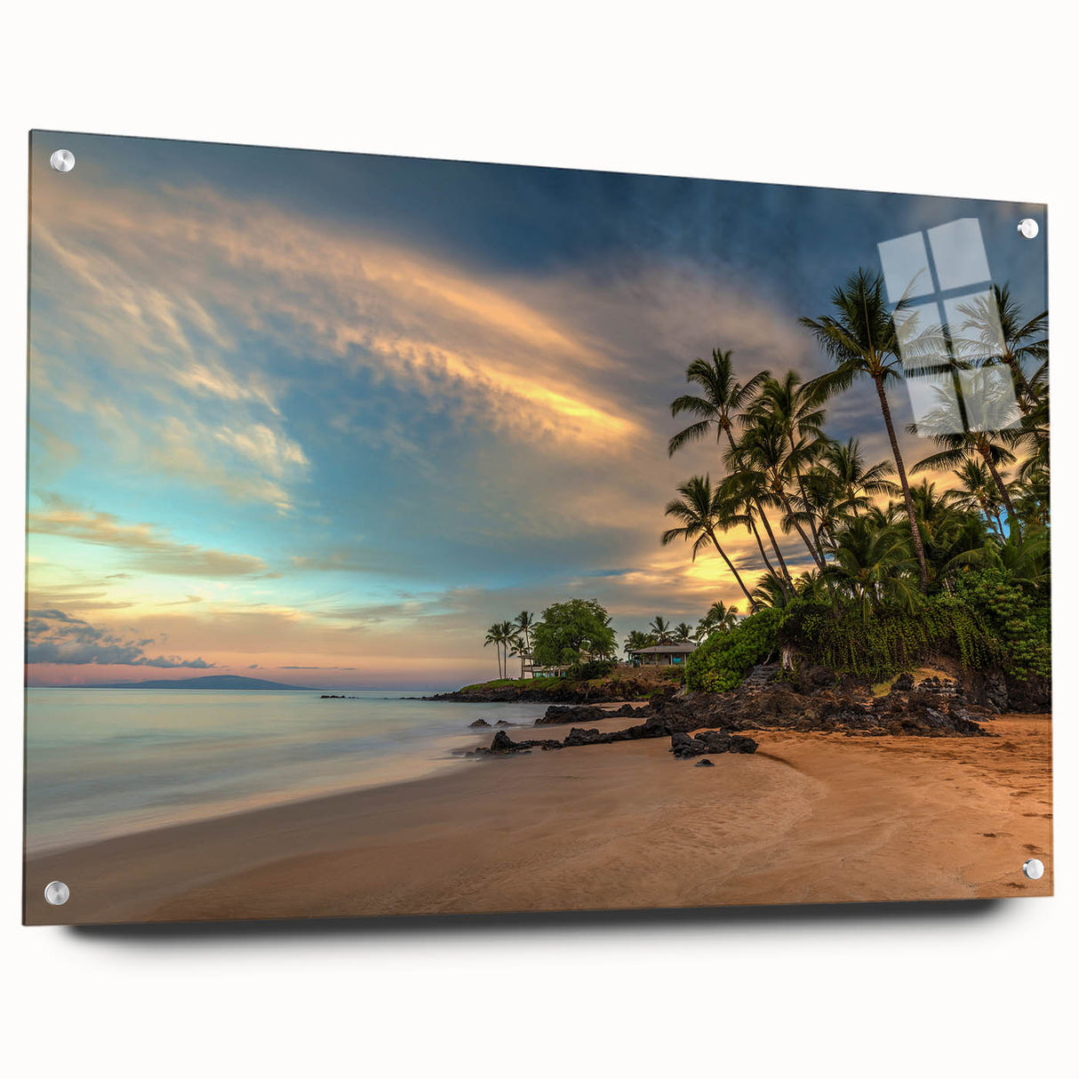 Acrylic print of a large abstract representation of Maui's landscape in vibrant blues and greens.