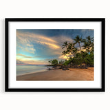 Abstract art print of colorful, textured scenery of Maui, displayed in a large black frame with mat.