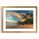 Extra large abstract art print depicting a textured Hawaiian scenery in muted earth tones, framed in gold.
