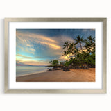 Textured art print of abstract Maui scenery in silver frame, featuring vibrant blue and green tones, ideal for bedroom art.