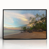 Large abstract wall art depicting a vibrant Maui scenery in mid-century modernist style, framed in black acrylic.