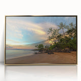 Large art print of a Maui, Hawaii landscape in muted earth tones on a gold-framed acrylic.