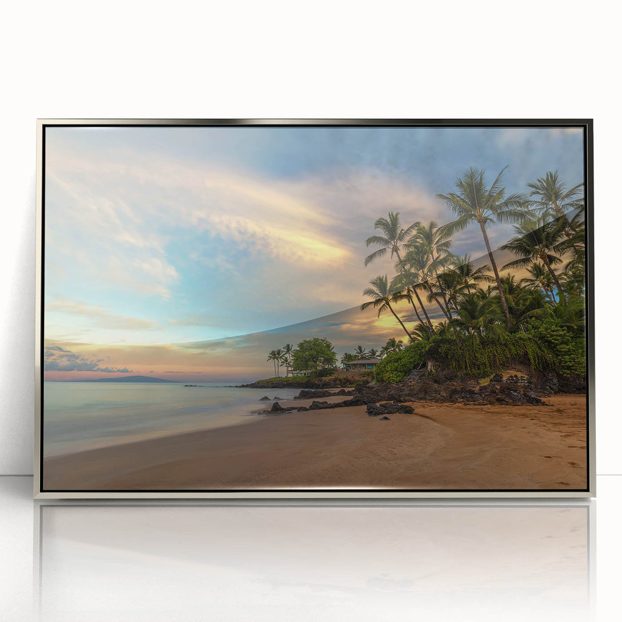 Mid-century modernist art depicting a serene Maui landscape in soft pastel hues, framed in silver acrylic.