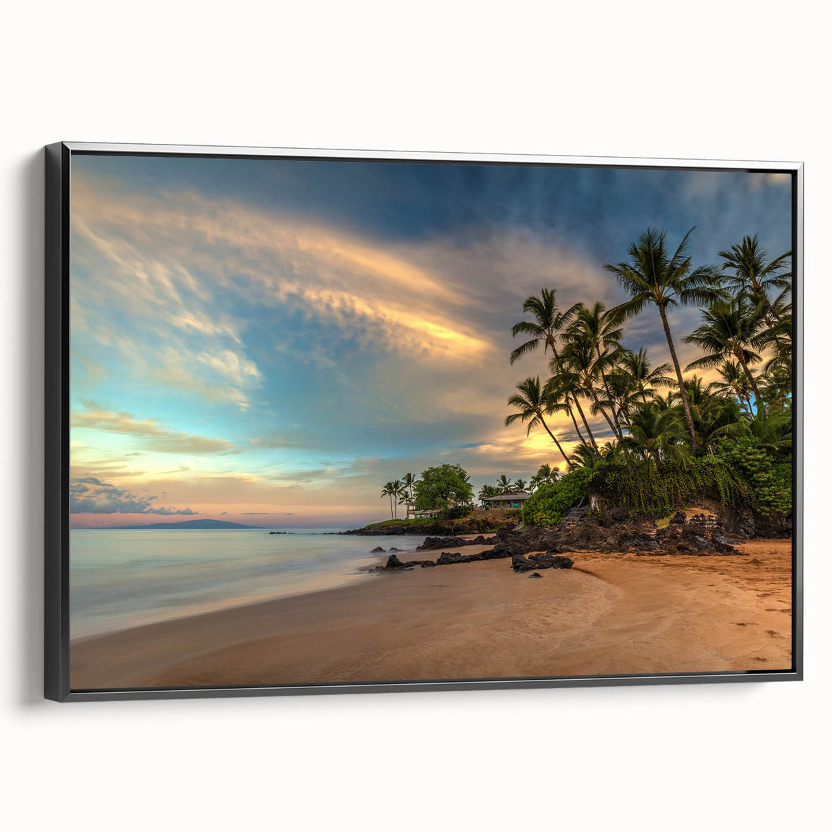 Black and white framed canvas of a Maui landscape, ideal for bedroom wall decor.