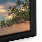 Extra large black wall art featuring a textured Maui scenery on framed canvas, with vibrant colors.