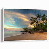 Vintage poster art of a colorful Maui, Hawaii scenery on extra large, framed canvas, ideal for living room decor.