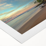 Art deco poster featuring a serene Maui landscape in muted green and blue tones on rolled canvas.