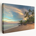 Panoramic view of a Maui coastline in muted blues and greens on a large stretched canvas, suitable for kitchen wall art.