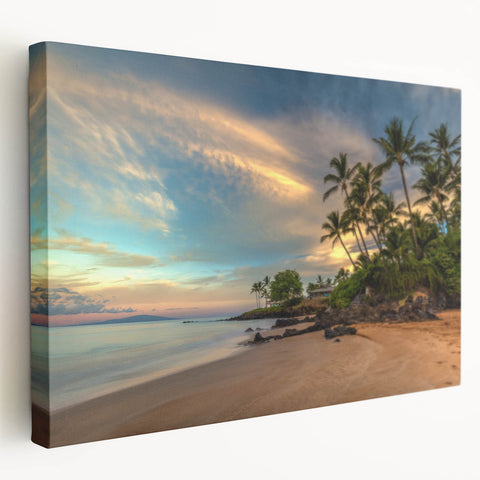Panoramic view of a Maui coastline in muted blues and greens on a large stretched canvas, suitable for kitchen wall art.