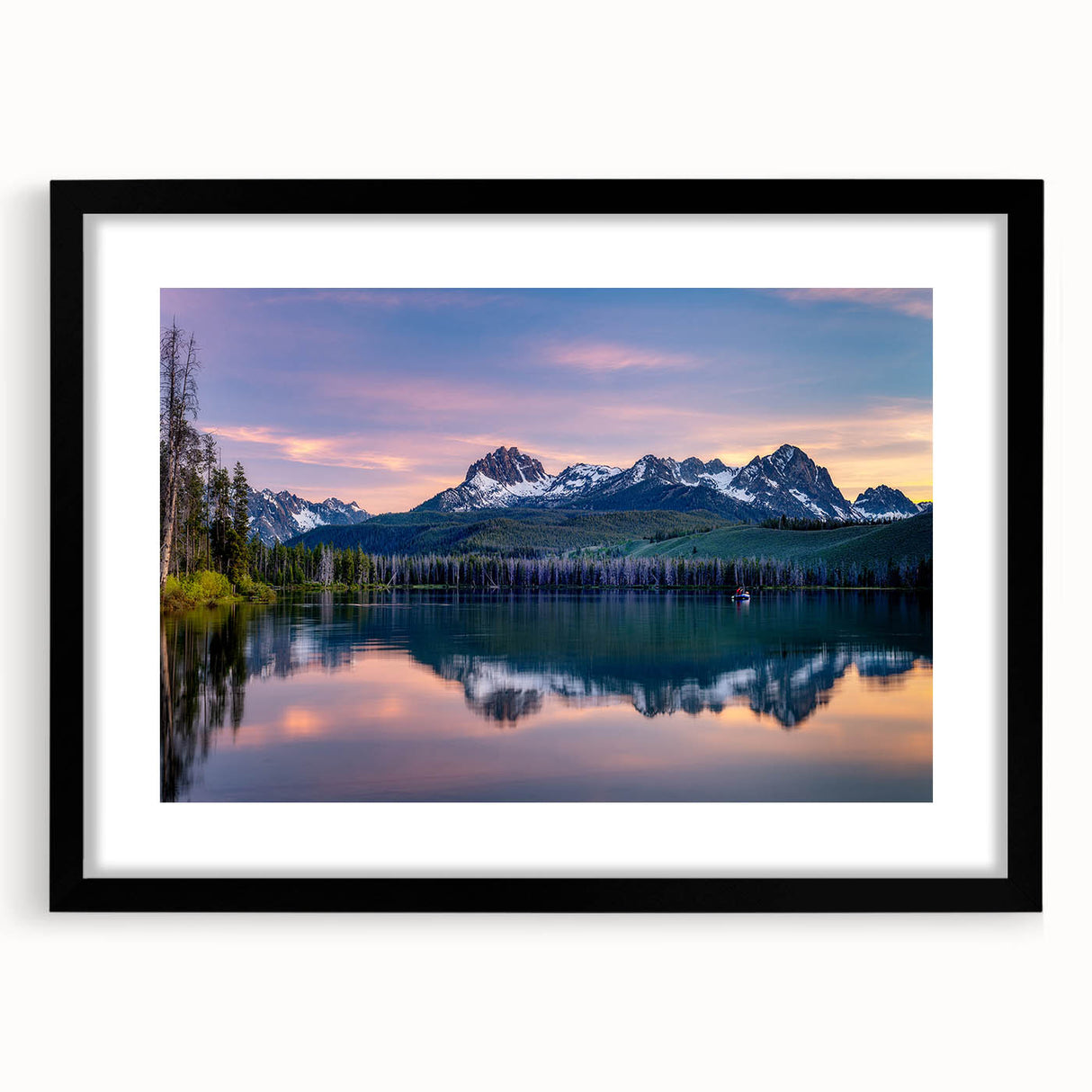 Abstract art print of colorful, textured scenery, displayed in a large black frame with mat, ideal for living room decor.