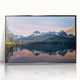 Mid-century modernist art depicting Idaho scenery in muted earth tones on a silver-framed acrylic print.