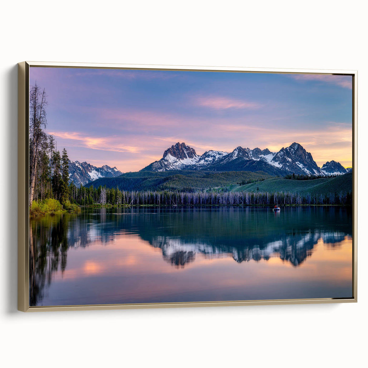 Vintage poster-style landscape painting of Idaho scenery in black and gold tones on a framed canvas.