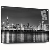 Acrylic print of a large abstract representation of the Chicago skyline in cool blue and gray tones.