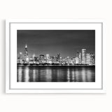 Abstract art print of Chicago skyline in muted gray and blue tones on a white framed poster, ideal for dining room decor.