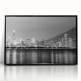 Large abstract wall art of Chicago skyline in muted gray and blue tones, framed acrylic print.