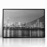 Large abstract wall art of Chicago skyline in muted gray and blue tones, framed acrylic print.