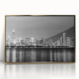 Large art print of Chicago skyline in gold and black tones on framed acrylic, ideal for modern art wall decor.