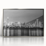 Mid-century modernist art of Chicago skyline in acrylic print with silver frame, ideal for nursery wall art.