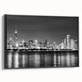 Black and white framed canvas of Chicago skyline, ideal for bedroom wall art in vintage poster style.