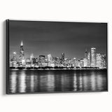 Black and white framed canvas of Chicago skyline, ideal for bedroom wall art in vintage poster style.