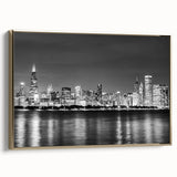 Framed canvas of Chicago skyline in black and gold tones, ideal for bedroom wall art.