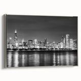 Framed canvas of a vintage Chicago skyline landscape in muted black with colorful accents, ideal for office decor.