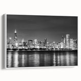 Framed canvas of vintage poster art depicting the Chicago skyline in colorful tones, ideal for living room decor.