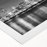 Art deco poster of Chicago skyline in muted metallic tones on rolled canvas, suitable for dining room decor.