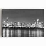 Black and white photograph of Chicago skyline on stretched canvas, suitable for kitchen wall art.