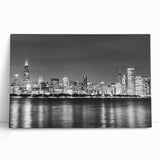 Black and white stretched canvas of Chicago skyline, ideal for kitchen wall art.