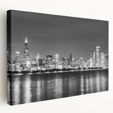 Chicago skyline depicted in muted gray tones on a large stretched canvas, suitable for kitchen wall art.
