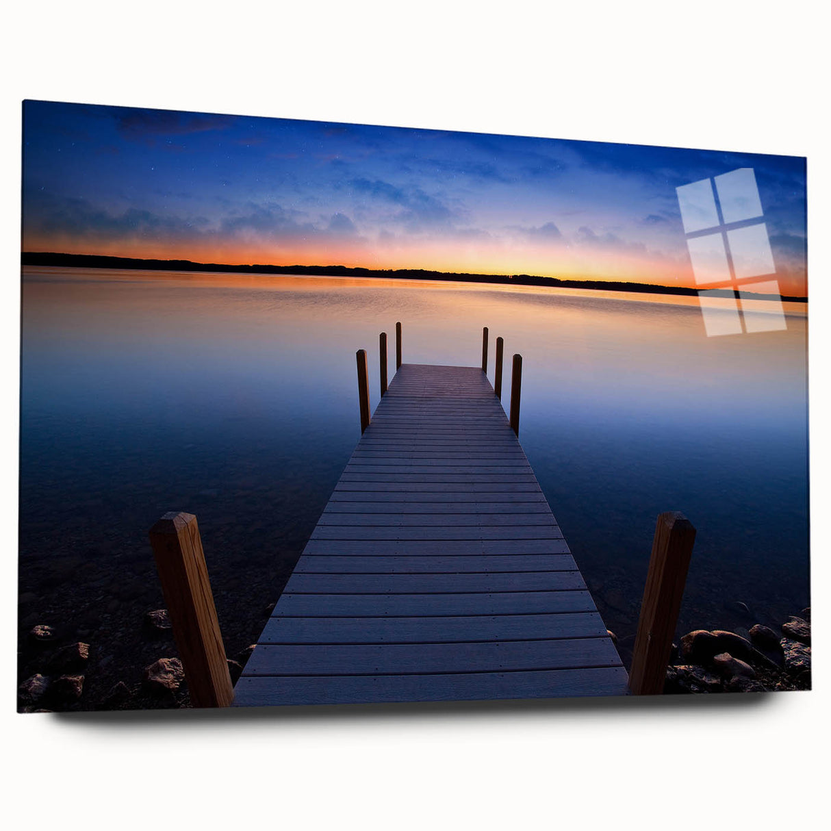 Large abstract wall art of Lake Michigan, using cool blue tones on acrylic glass, suitable for bedroom or dining room decor.