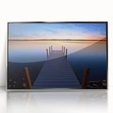 Mid-century modernist art of Lake Michigan, featuring muted blues and grays on a framed acrylic print.