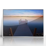 Art deco poster of Lake Michigan, featuring muted blue and white tones on framed acrylic.