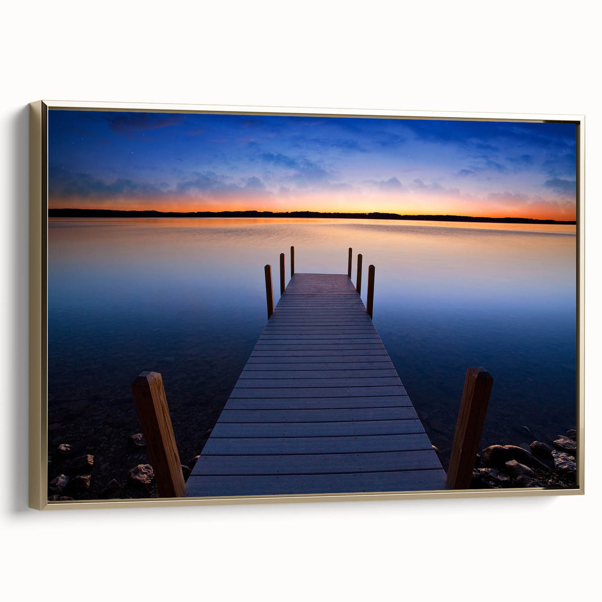 Framed canvas depicting a vintage-style landscape of Lake Michigan in black with gold accents, ideal for bedroom wall art.