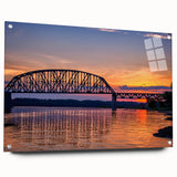 Large abstract wall art depicting a serene Indiana landscape in muted green and blue tones on acrylic glass.