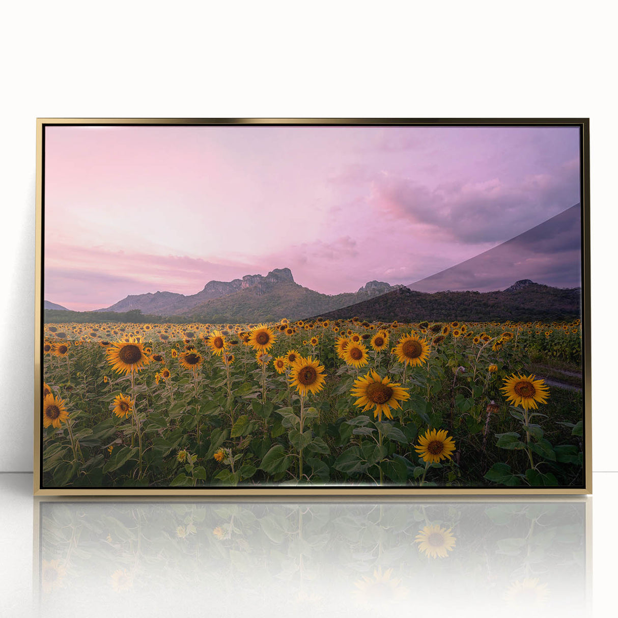 Large art print of a Kansas landscape in mid-century modernist style, framed in acrylic with gold tones.