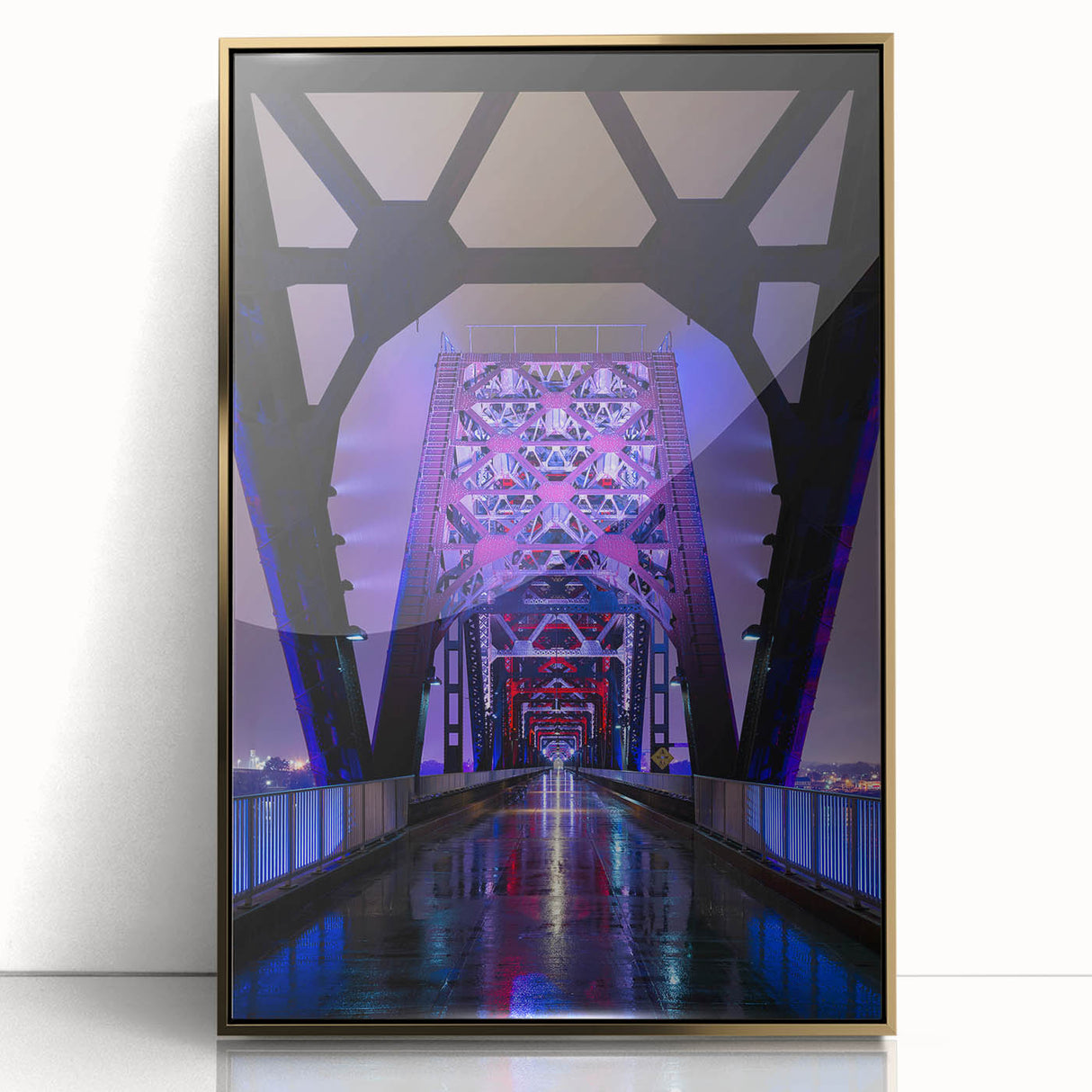 Acrylic print of a Kentucky landscape in gold frame, featuring mid-century modernist style.