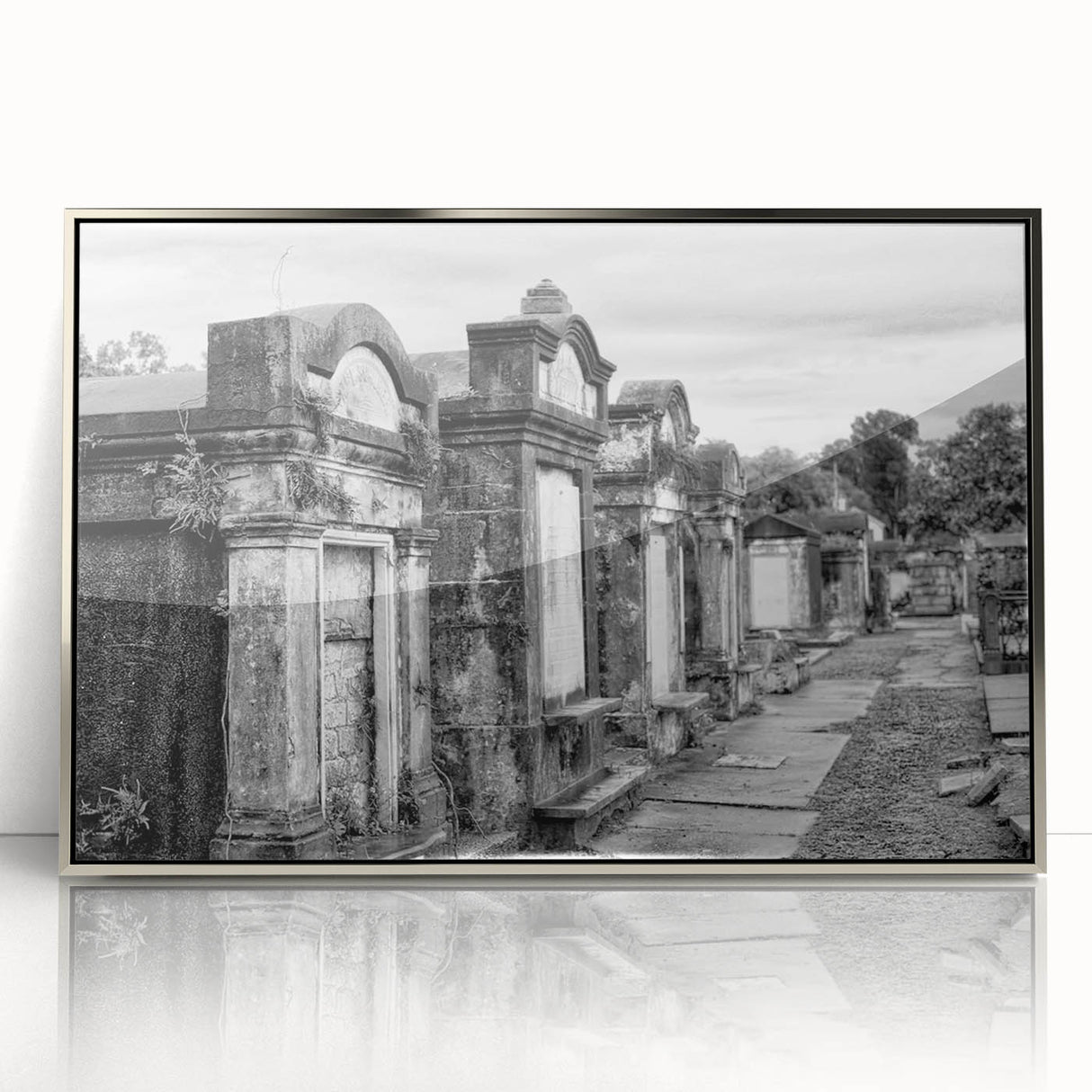 Mid-century modernist art depicting New Orleans landscape in muted colors on a framed acrylic print.