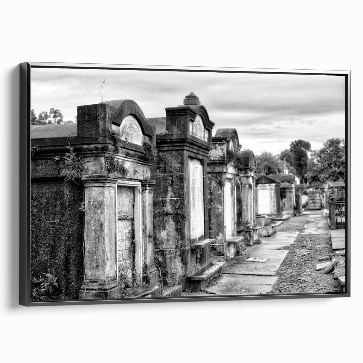 Black and white framed canvas of a vintage New Orleans landscape, ideal for bedroom wall decor.