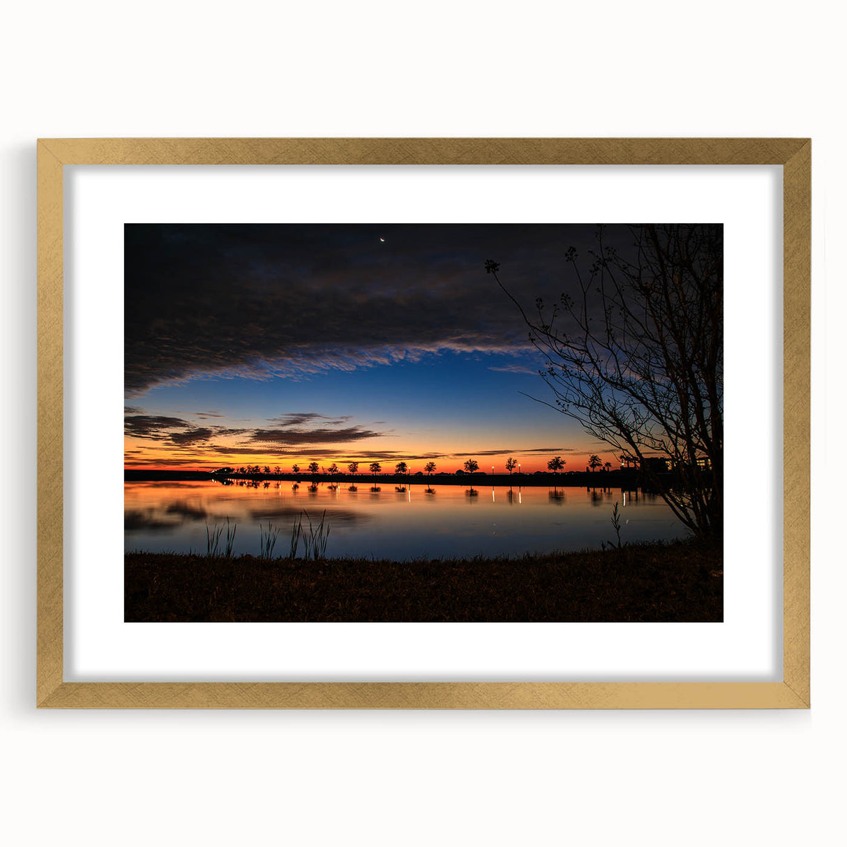 Extra large abstract art print of textured Louisiana scenery in muted earth tones, framed in gold.