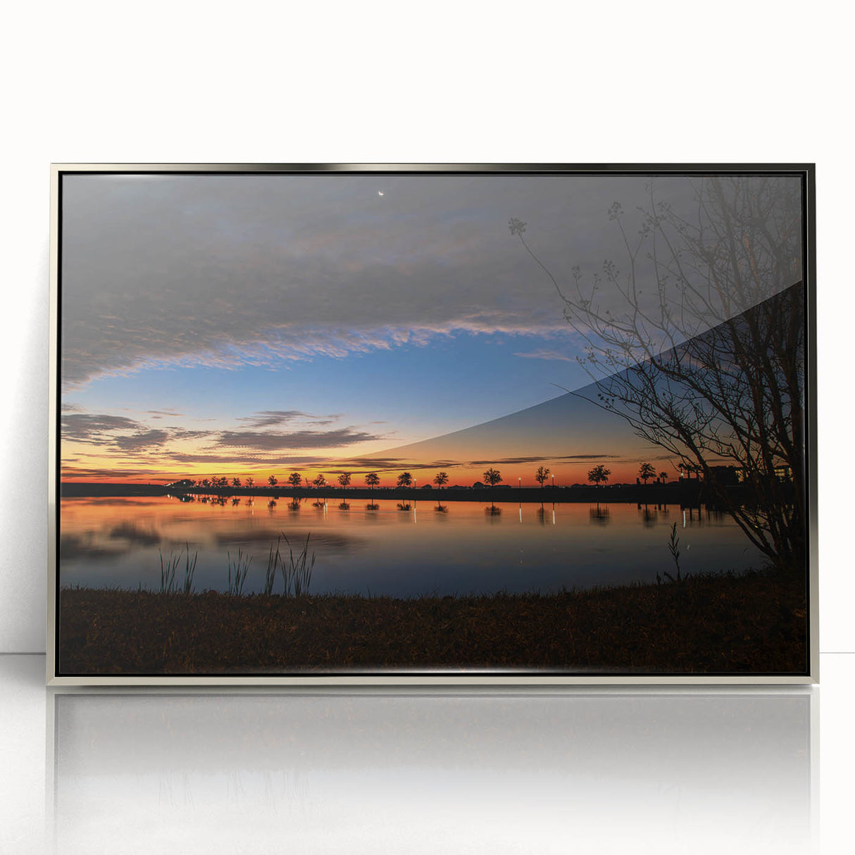 Mid-century modernist art depicting Louisiana scenery in muted earth tones on a framed acrylic print.