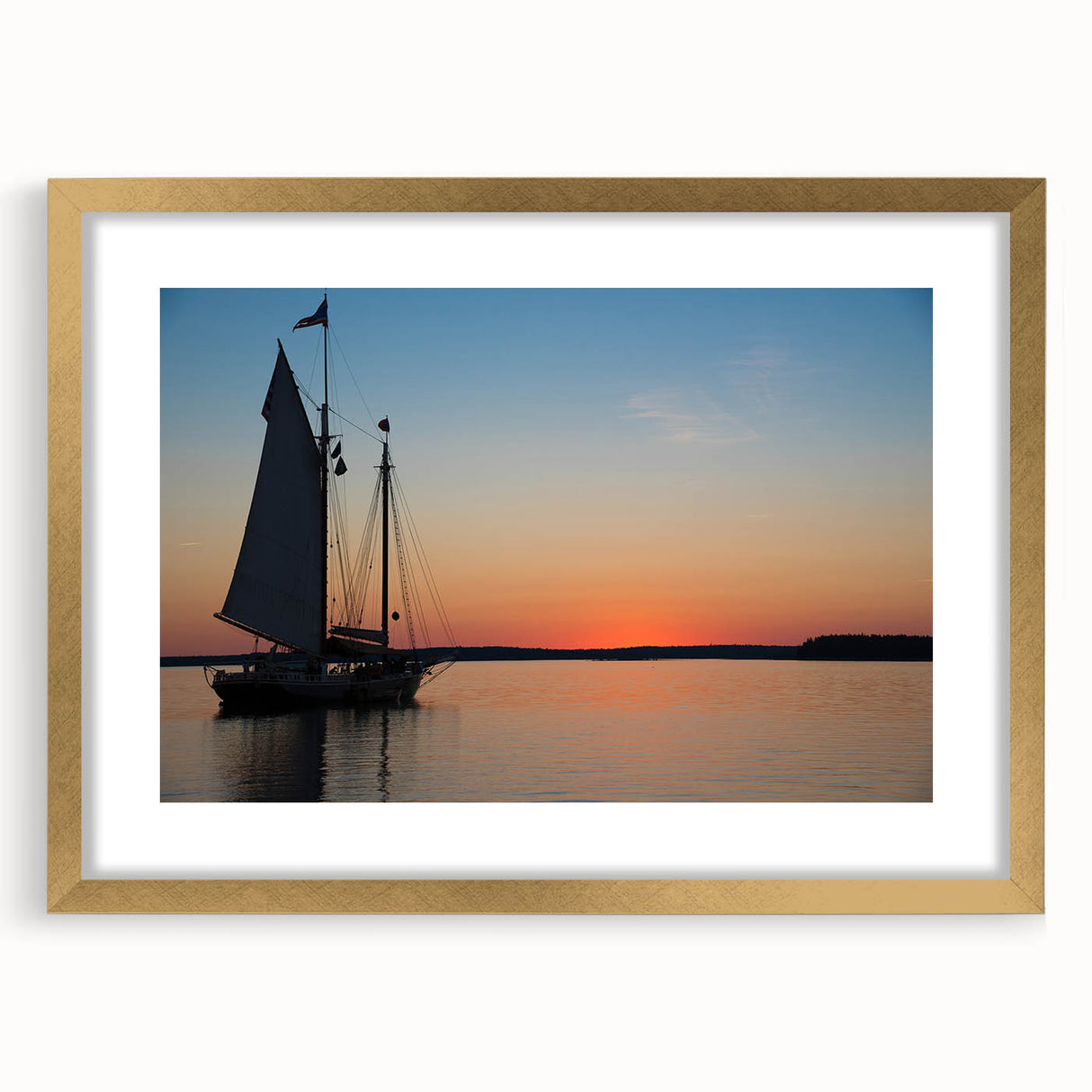 Extra large abstract art print depicting a textured Maine scenery in muted earth tones, framed in gold.