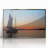 Mid-century modernist art depicting a serene Maine landscape in muted earth tones, framed acrylic.